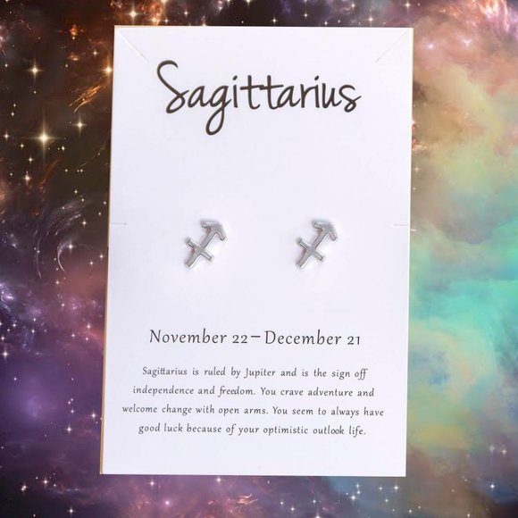 SAGITTARIUS Zodiac Silvertone Stud Earrings on Card NEW! 1125x2 - Picture 1 of 3